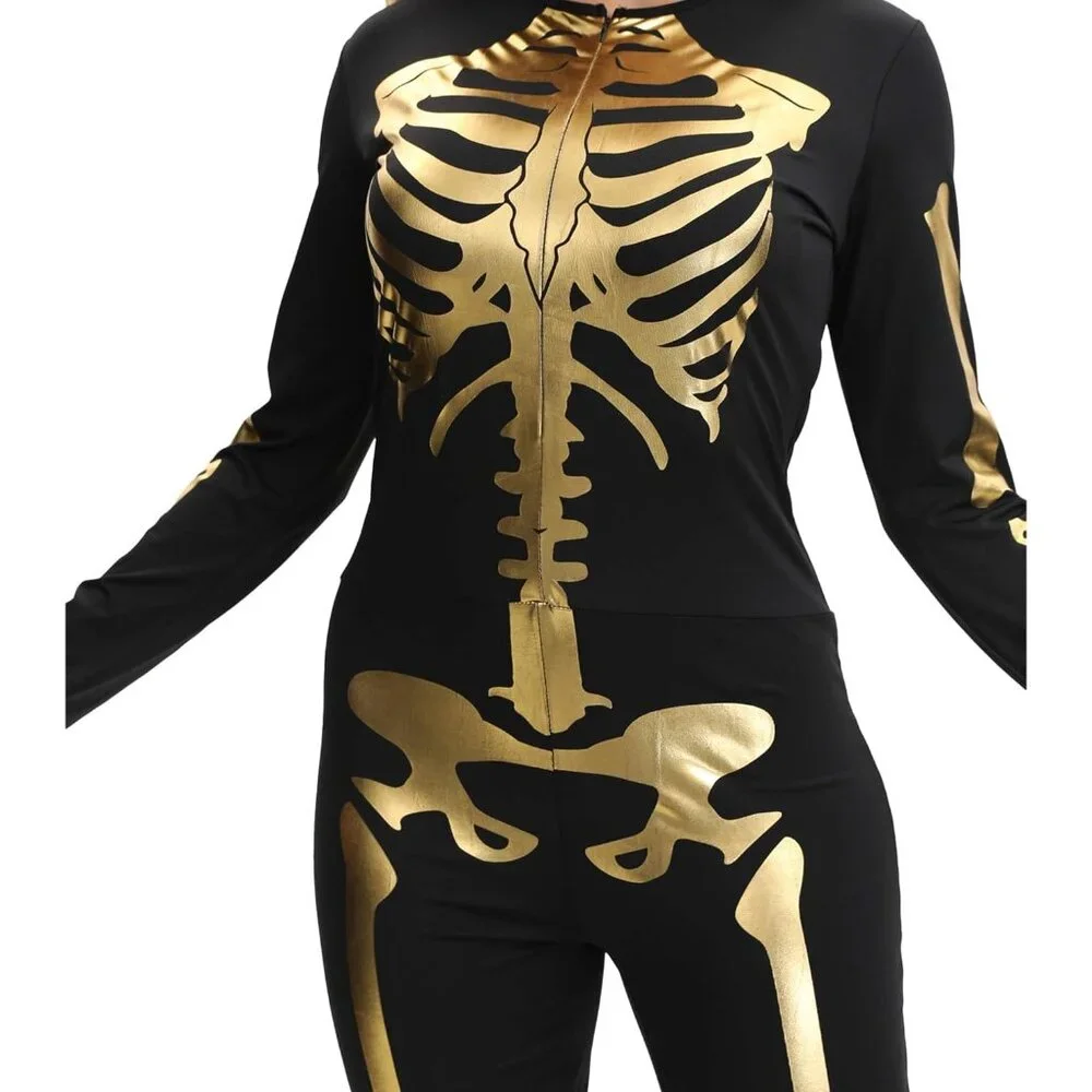 Women's Gold Skeleton Form Fitting Flattering Double Sided Skeleton Costume - Picture 7 of 9